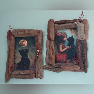 Rustic Wood, Dried Flowers & Canvas Girl & Black Cat Wall Art Set Black&Red
